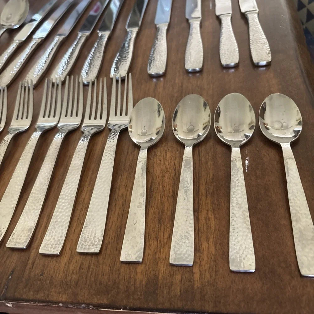 Godinger Castello Hammered Stainless Flatware Knives Forks Spoons - Lot Of 45